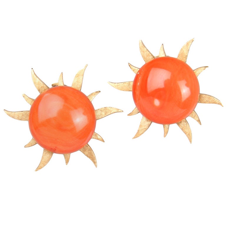 Coral and Gold Sunrburst Earrings For Sale
