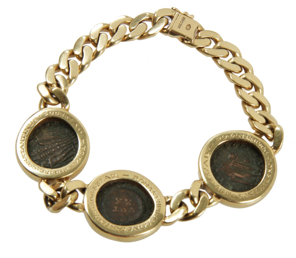 This is a handsome bracelet featuring three Roman coins of Emperor Constantine which date from 306-377 AD