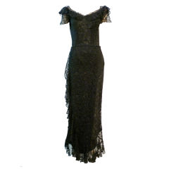 40s Extraordinary Black Lace Column Gown w/  Ruffles