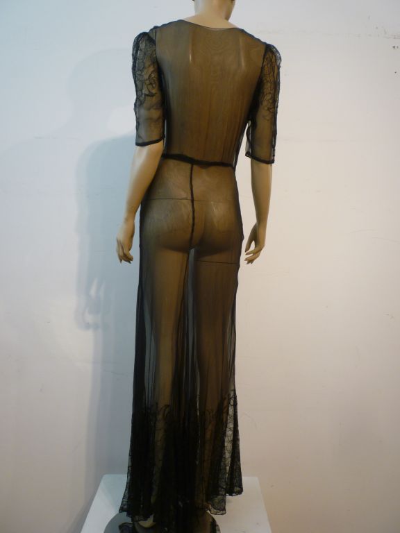 1930s Black Chiffon & Lace Bias-Cut Gown w/ Tiny Buttons 1