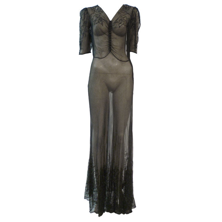 1930s Black Chiffon & Lace Bias-Cut Gown w/ Tiny Buttons