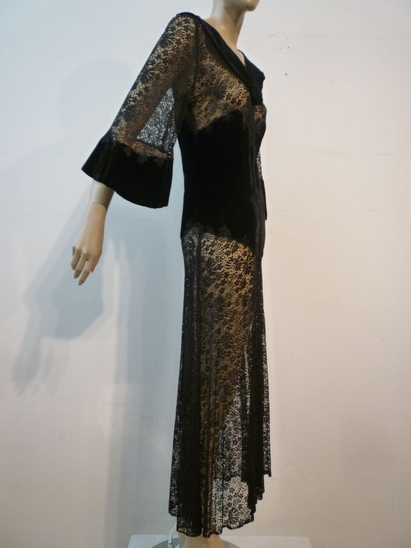 Black 1930s Intricate Appliqué Silk Lace and Velvet Dress
