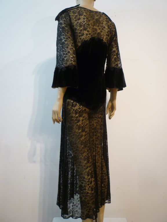 Women's 1930s Intricate Appliqué Silk Lace and Velvet Dress