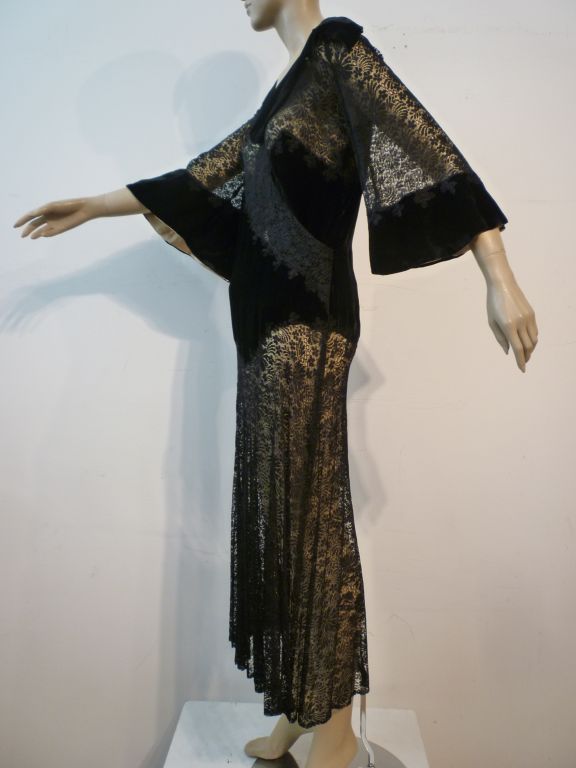 1930s Intricate Appliqué Silk Lace and Velvet Dress 1