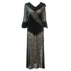 1930s Intricate Appliqué Silk Lace and Velvet Dress