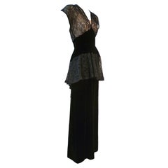 40s Lace and Velvet Gown with Peplum