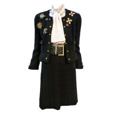 Chanel Black Boucle Suit with Vintage Cross Brooches