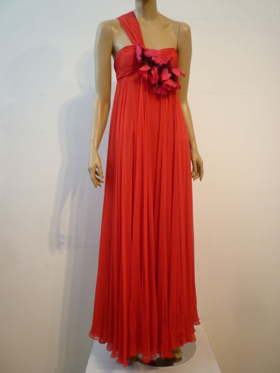 Saks Fifth Avenue 60s Red Silk Chiffon Gown w/ Fuchsia Flowers