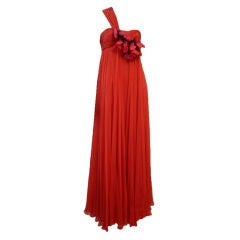 Saks Fifth Avenue 60s Red Silk Chiffon Gown w/ Fuchsia Flowers