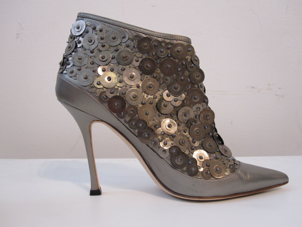 Women's Manolo Blahnik Gunmetal  Metallic Bootie w/ Metal Embellishment