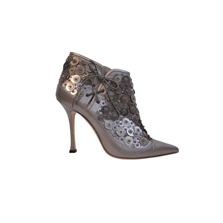 Manolo Blahnik Gunmetal  Metallic Bootie w/ Metal Embellishment