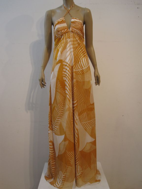 Monique Lhuillier Silk Chiffon Tropical Print Halter Gown