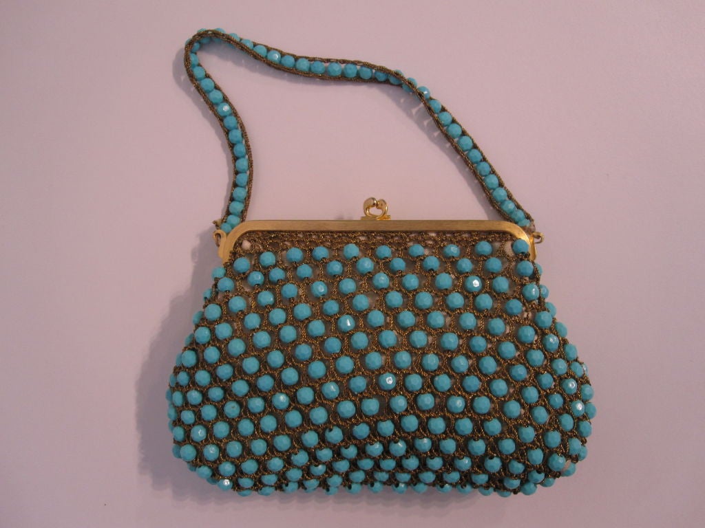 Women's Rosenfeld Crochet Turquoise Bead Handbag 60s