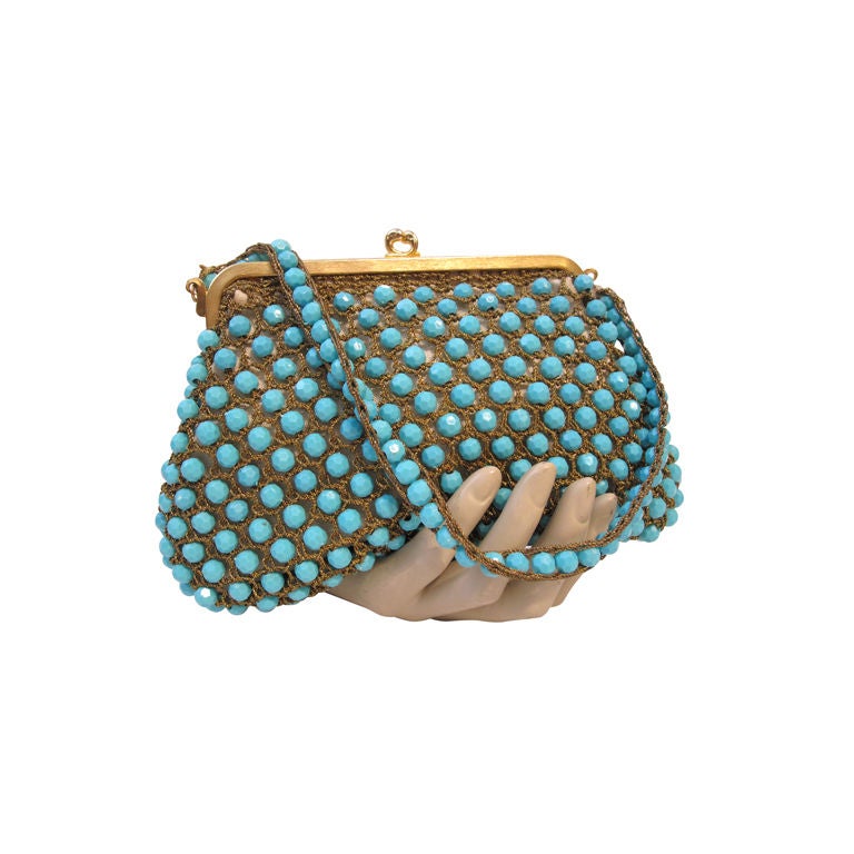Rosenfeld Crochet Turquoise Bead Handbag 60s