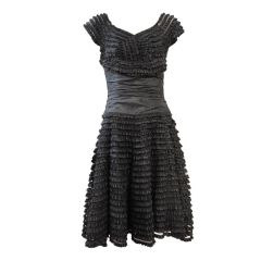 50s Silk Taffeta Ruffled Dress with Taffeta Waist