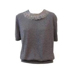 Valentino Charcoal Wool Sweater w/ Pheasant Feather Collar