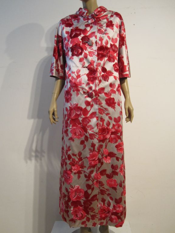 Women's 60s Silk Flocked Satin Floral Gown with Opera Coat
