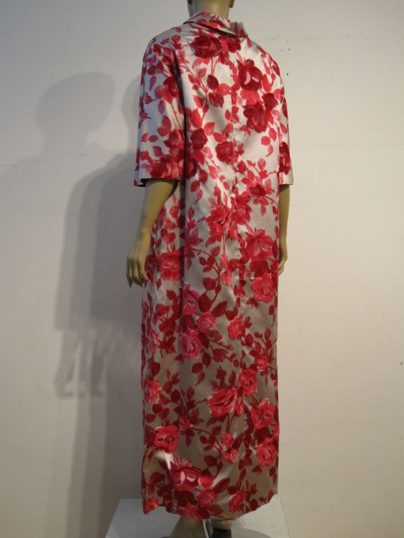 60s Silk Flocked Satin Floral Gown with Opera Coat 1