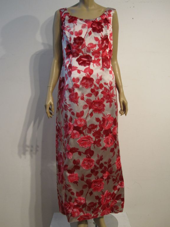 60s Silk Flocked Satin Floral Gown with Opera Coat 2