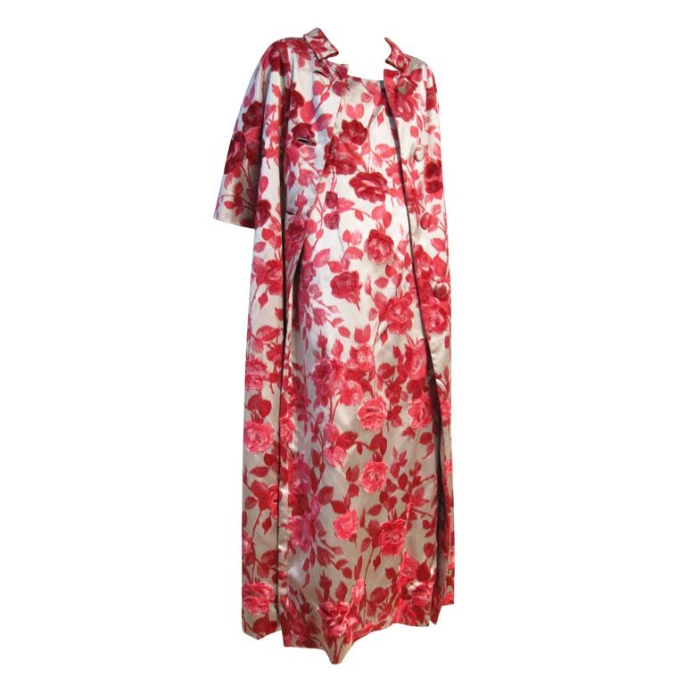 60s Silk Flocked Satin Floral Gown with Opera Coat