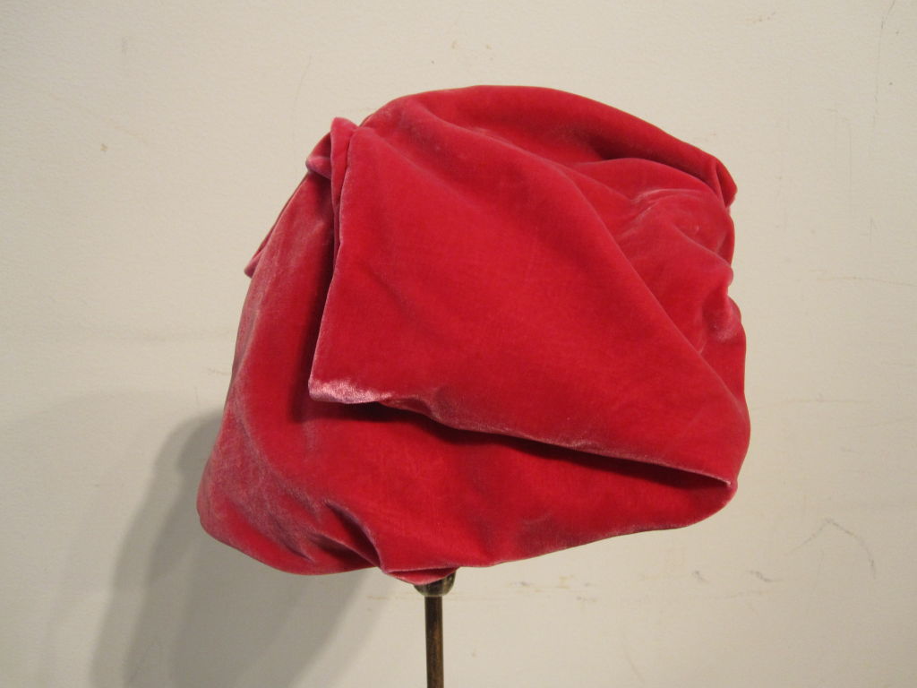 50s Leslie James Pink Velvet  Slouchy Turban Hat 1