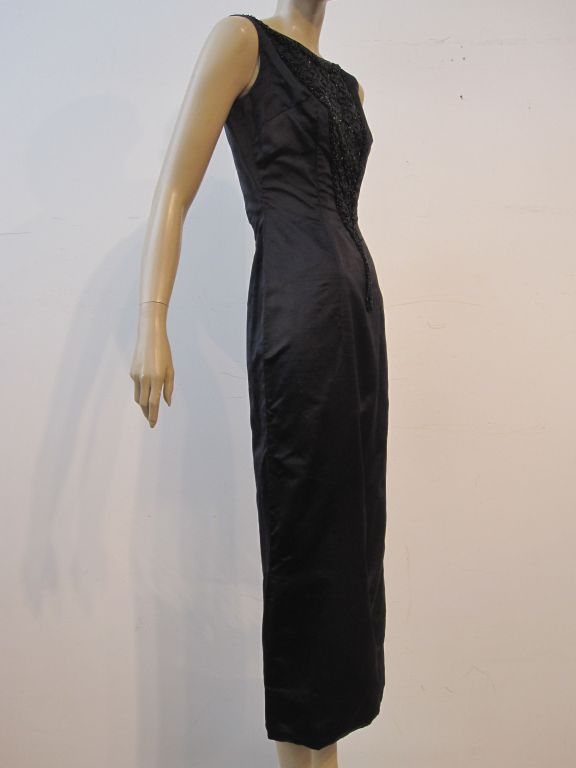 Women's 60s Silk Satin Beaded Black Gown