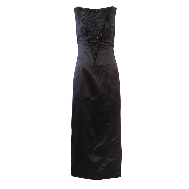 60s Silk Satin Beaded Black Gown