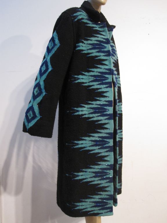VTG 90s COZY WOOL AZTEC PATTERN BLANKET COAT JACKET NAVAJO STYLE 50” XXL