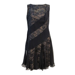 60s Black Diagonal Inset Silk Chiffon and Lace Cocktail Dress