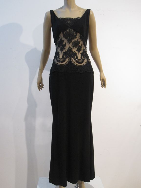 Randolph Duke black jersey column gown with under lined black embroidered lace torso insert.  Marked size 10.
