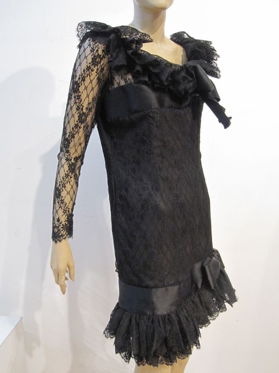 Women's Bill Blass 80s Black Lace Ruffled Cocktail Dress
