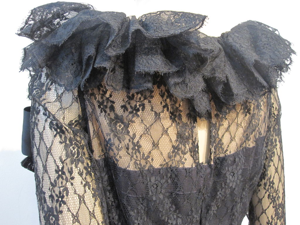 Bill Blass 80s Black Lace Ruffled Cocktail Dress 2