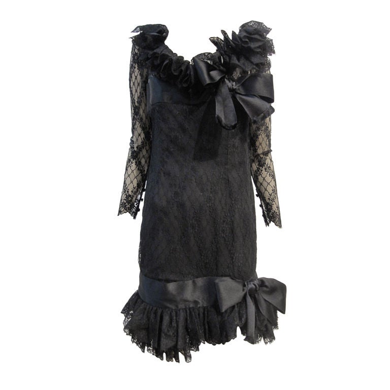 Bill Blass 80s Black Lace Ruffled Cocktail Dress