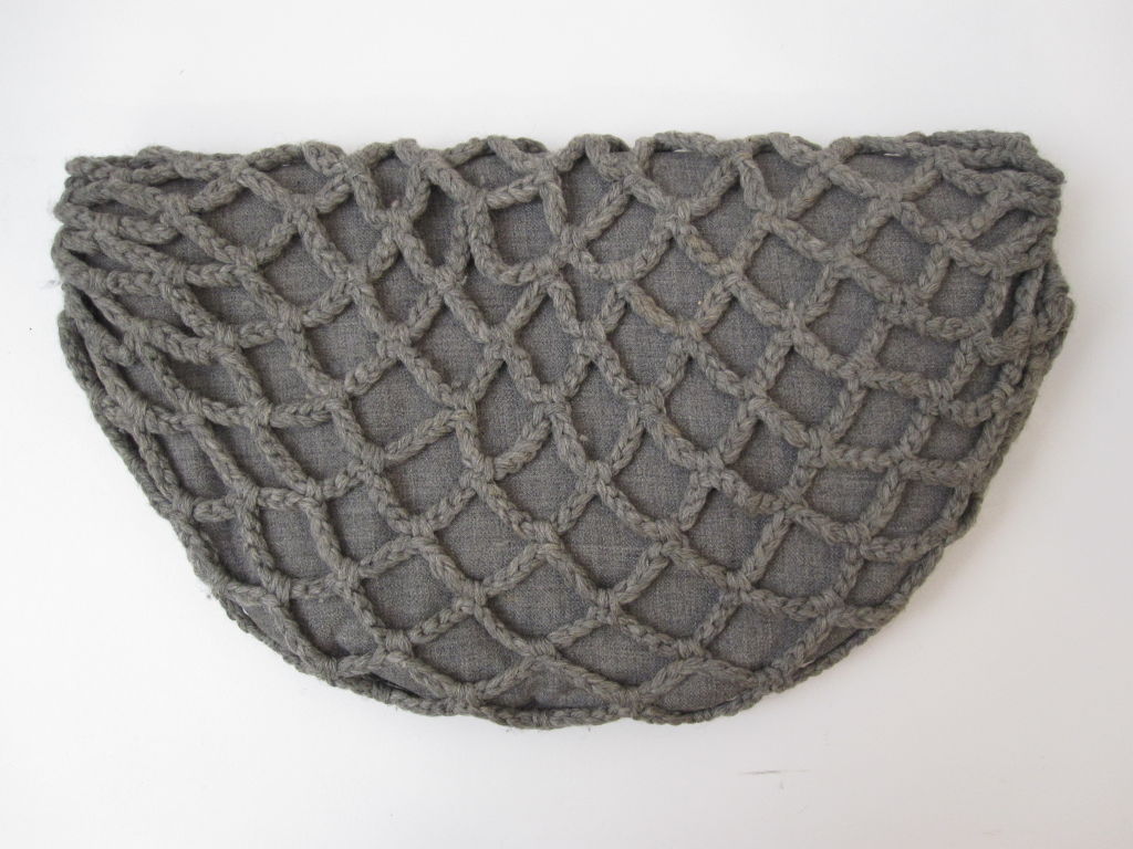 1940s Gray Flannel Crochet Half-Moon Clutch 1