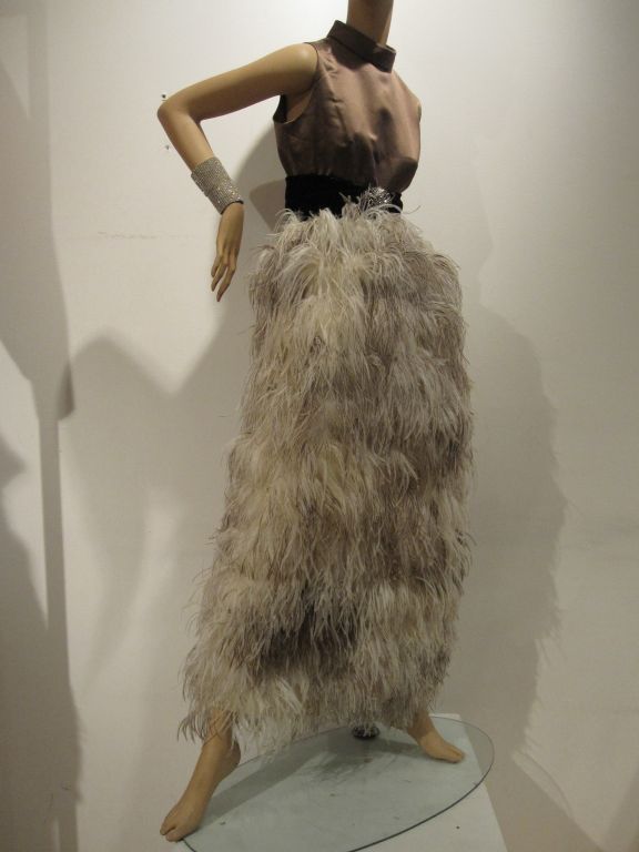 Teal Traina 60s Satin and Ostrich Extravagant Column Gown