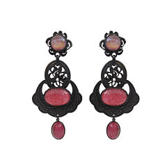 French-Made Japanned Metal Chandelier Earrings with Rose Glass
