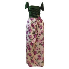 50s Silk Satin Floral Formal Gown w/ Emerald Satin Bodice