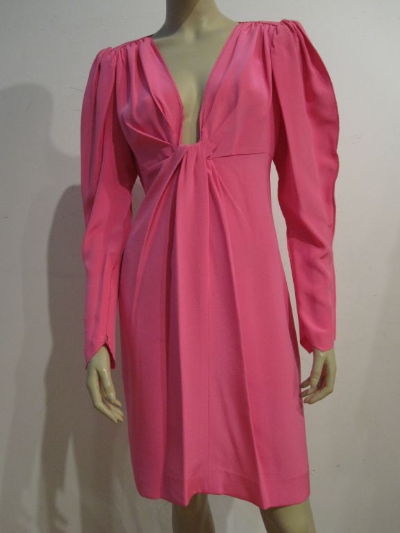 Tarquin Ebker contemporary pink crepe cocktail dress with empire waist style and knotted decolletage detail.  32