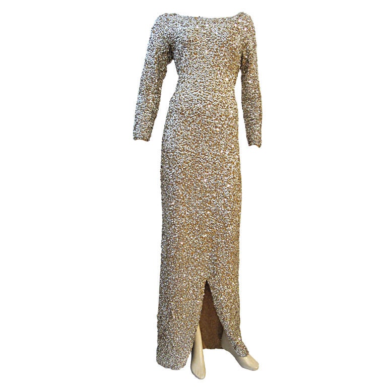 50s Gold Sequin on Wool Knit Gown - Spectacular!