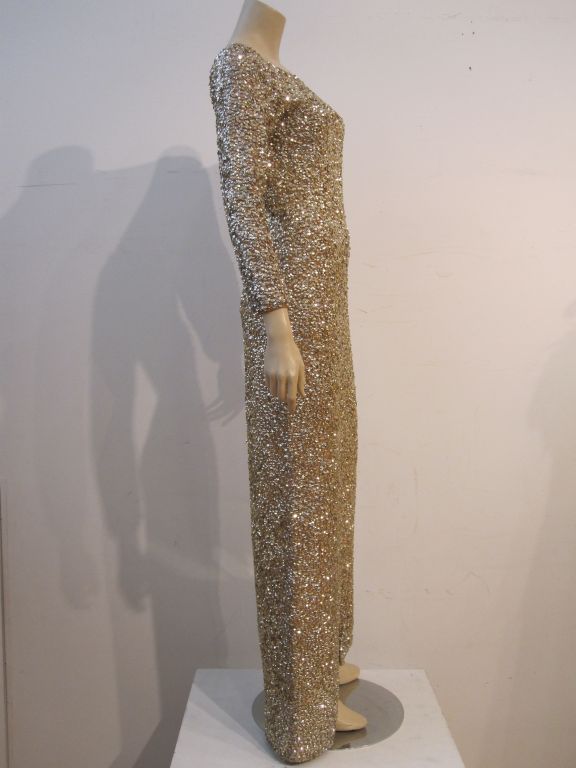 Women's 50s Gold Sequin on Wool Knit Gown - Spectacular!