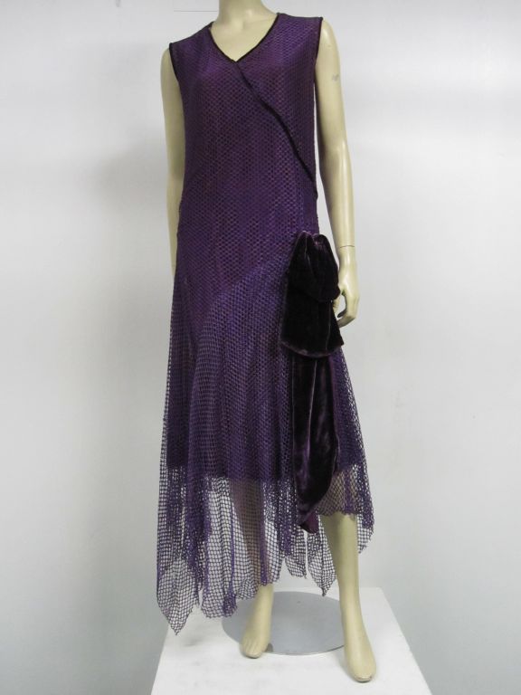 1920s Royal Purple Silk Net Tea Dress with Velvet Bow