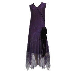 Antique 1920s Royal Purple Silk Net Tea Dress with Velvet Bow