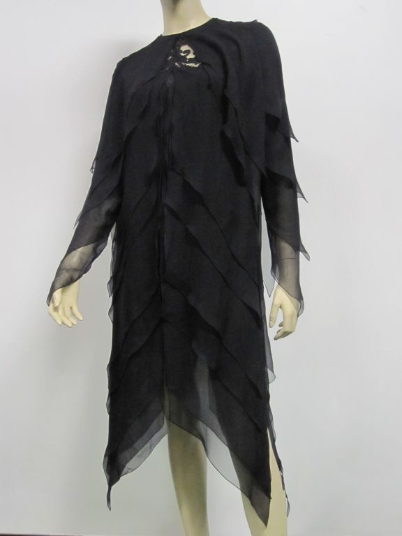 Late 70s Galanos Silk Chiffon and Lace Petal Inset Mini  Dress