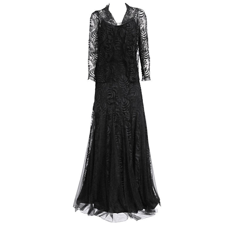 1930s Incredible Silk Lace Gown and Jacket with Lining at 1stdibs