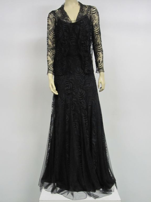 1930s Incredible Silk Lace Gown and Jacket with Lining