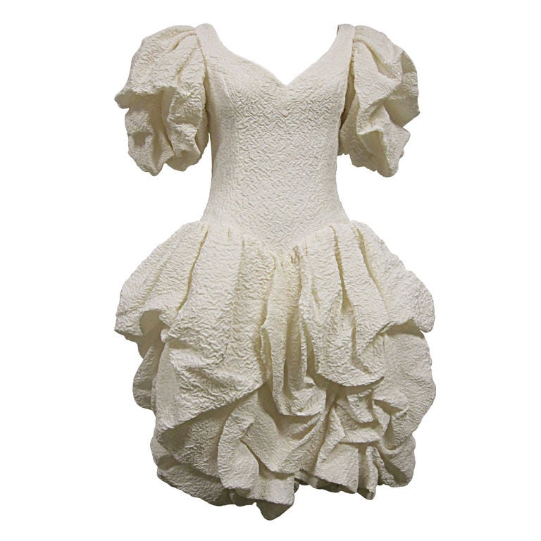80s Silk Ivory Michael Casey Pouf Cocktail Dress For Sale