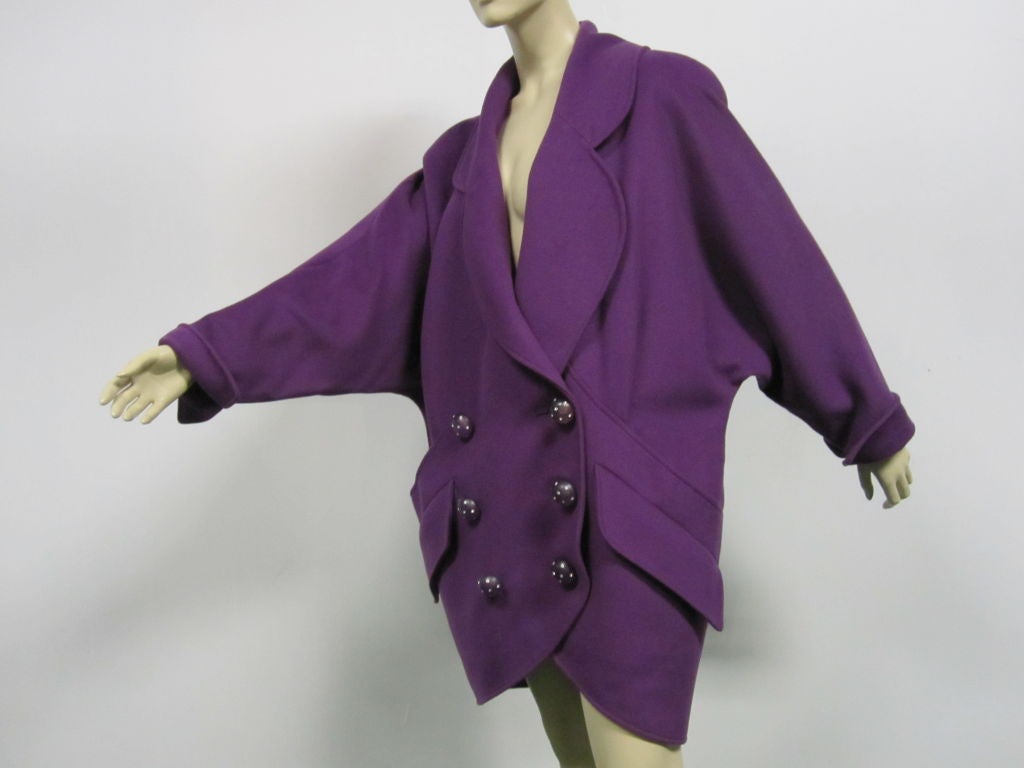 80s Karl Lagerfeld royal purple double breasted wool cocoon coat with fabulous buttons!  Size 42.