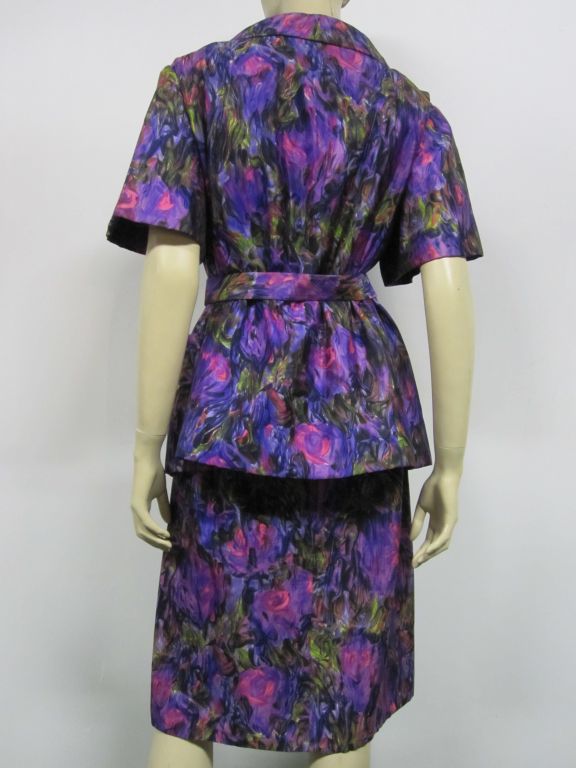 Christian Dior - Robe fourreau et veste en soie à imprimé floral, années 60 Pour femmes en vente