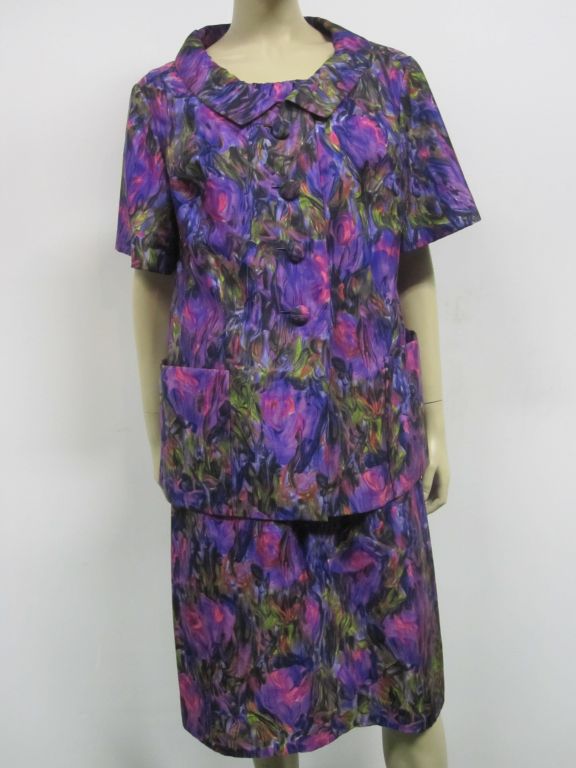 Christian Dior - Robe fourreau et veste en soie à imprimé floral, années 60 en vente 1