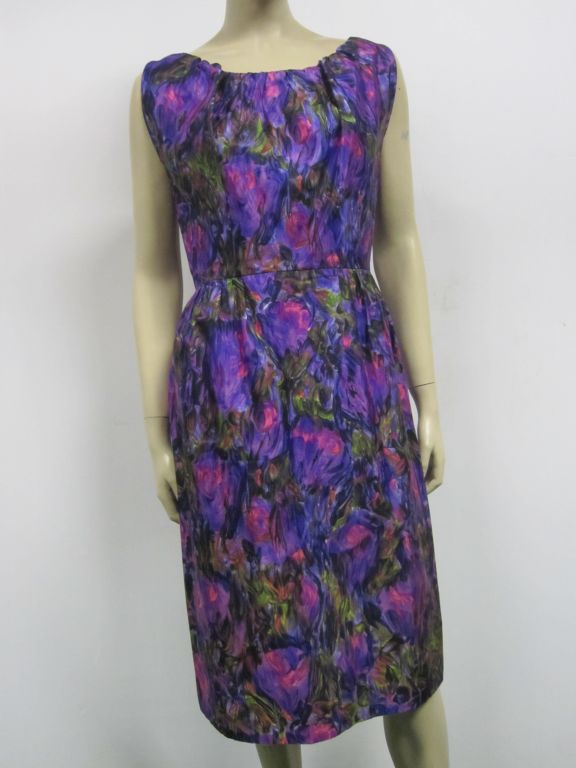 Purple 60s Christian Dior Silk Floral Print Sheath Dress and Jacket For Sale